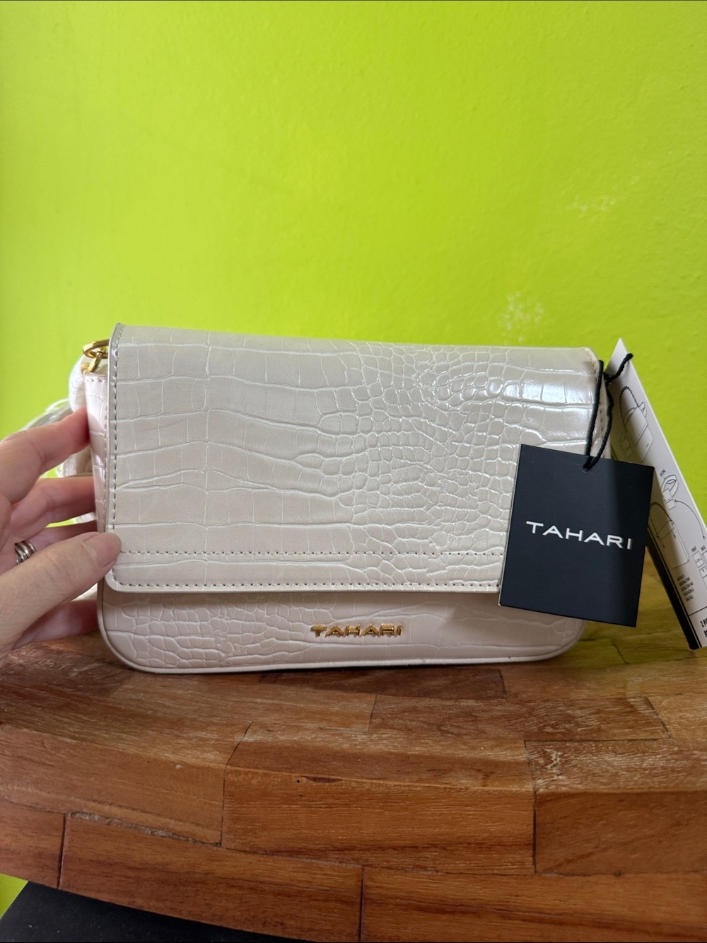 Tahari Cream Croc-Embossed Flap Crossbody Bag with Gold Hardware